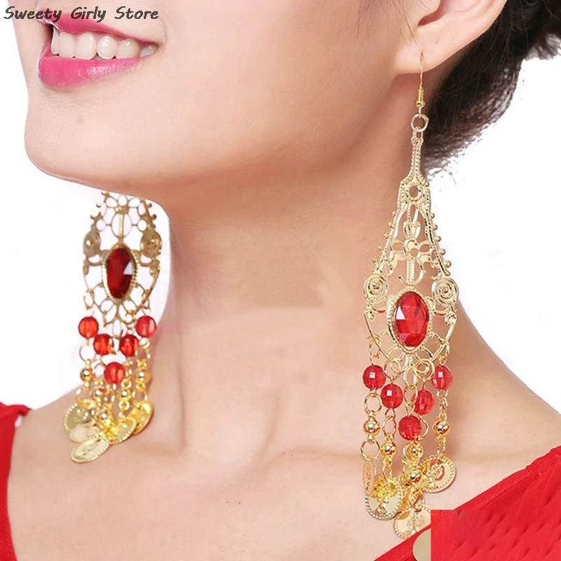 Vintage Fashion Stone Earrings Indian Dance Ear Clips Jewelry Long Dangle Earring Ethnic Wedding Party Pendants with Gold Coins