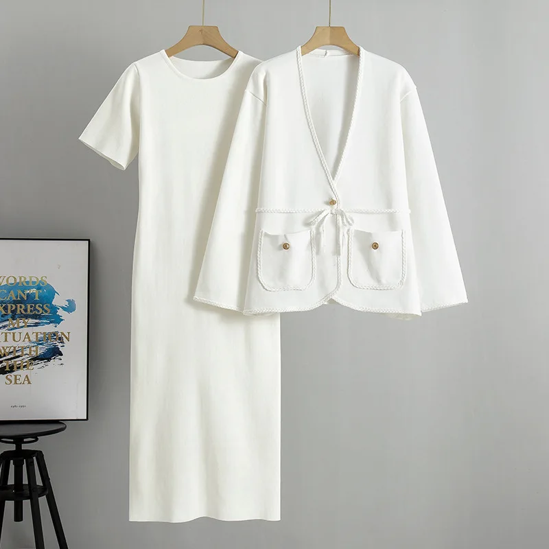 Robe 2 pièces ensembles femmes tenues décontracté ample col en V Cardigan à manches courtes robe mode coréenne robes élégantes ensembles