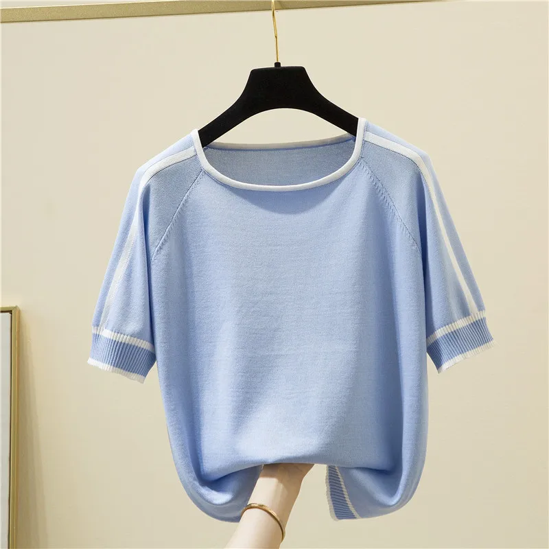 Casual Thin Knitted T-Shirt Camisetas Mujer Summer Short Sleeve Tops Elegant Woman Clothes Striped Fashion Tee Shirt Femme 18841