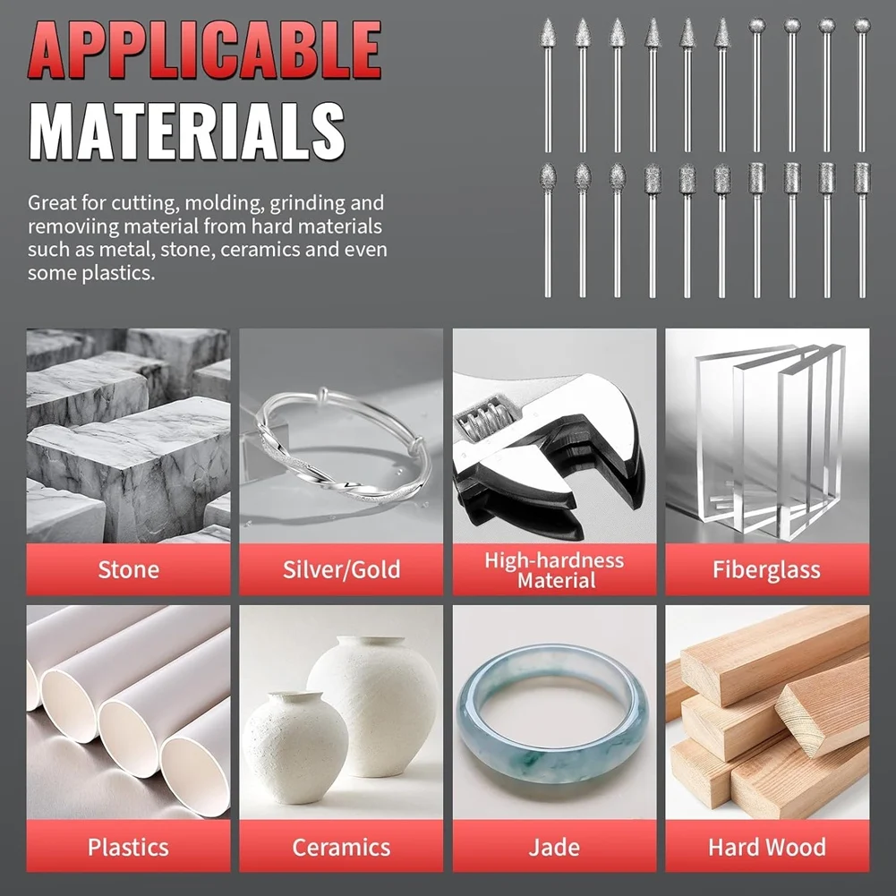 M12K-Алмазные фрезы для камня, смолы, фарфора, резьбы по камню, зернистость 120, набор алмазных шлифовальных бит, хвостовик 1/8 дюйма
