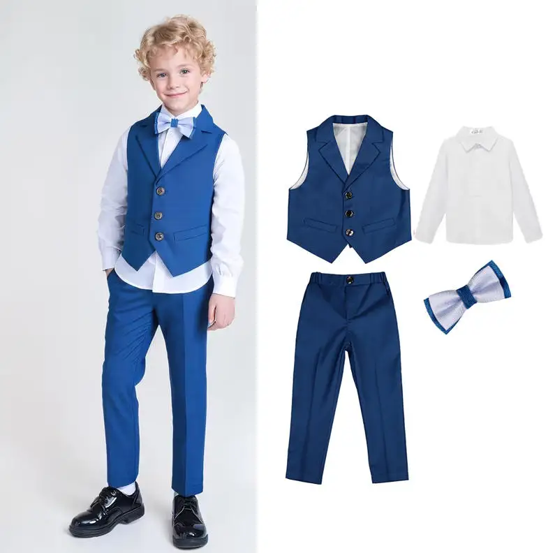 90-170 Boys Spring Summer Blue Vest Shirt Pants Bowtie Photography Suit School Kids Wedding Dress Children Ceremony Costume