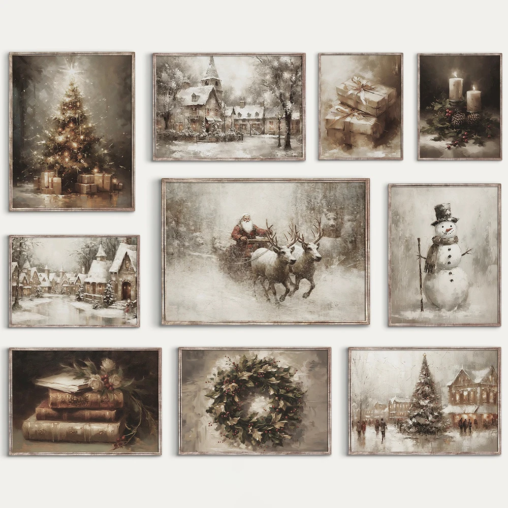 Vintage Christmas Print Canvas Painting Holiday Snowy Winter Gallery Decor Retro Wall Art  Printable Poster Christmas Decor G