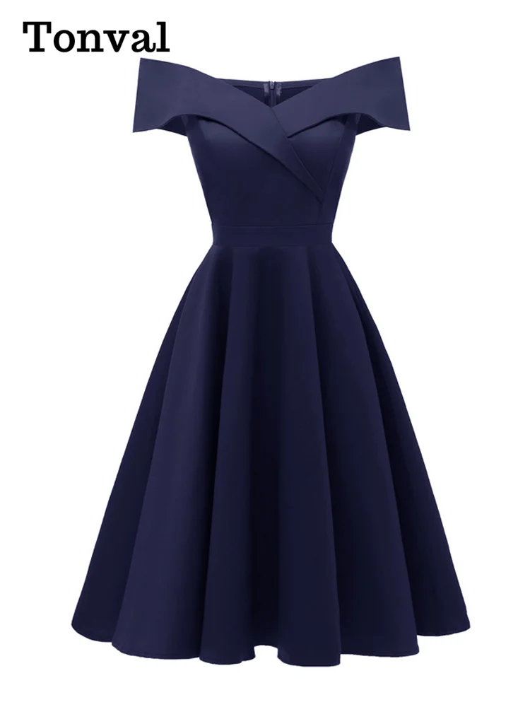 Tonval Vintage Off the Shoulder Party Seksowne wieczorowe sukienki urodzinowe Bal Eleganckie damskie dopasowane i rozszerzane bawełniane sukienki