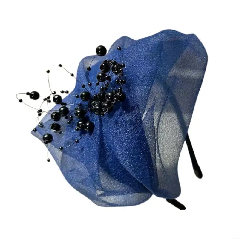 39BC Tulle Ruffle Headband Beaded Half Hat for Women Girl Aesthetic French Fascinator Hairhoop for Evening Party Hair Styling