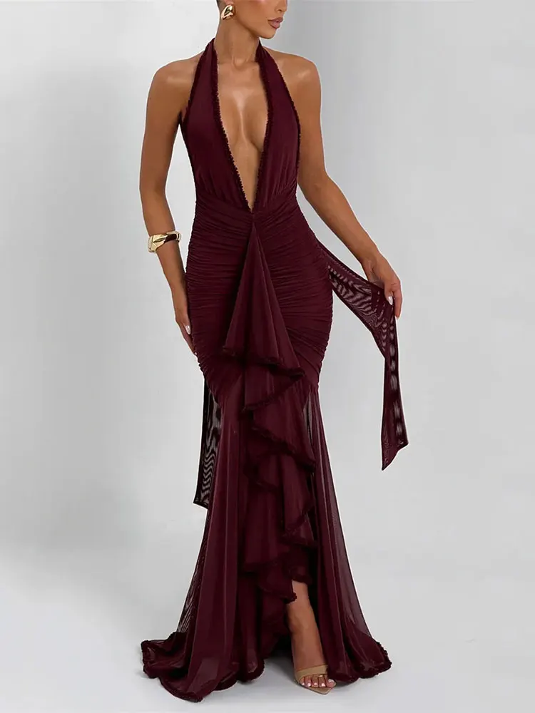 

GACVGA Elegant Halter Deep V Neck Sexy Maxi Dress Women Fashion Sleeveless Backless Ruched Evening Club Party Long Dress