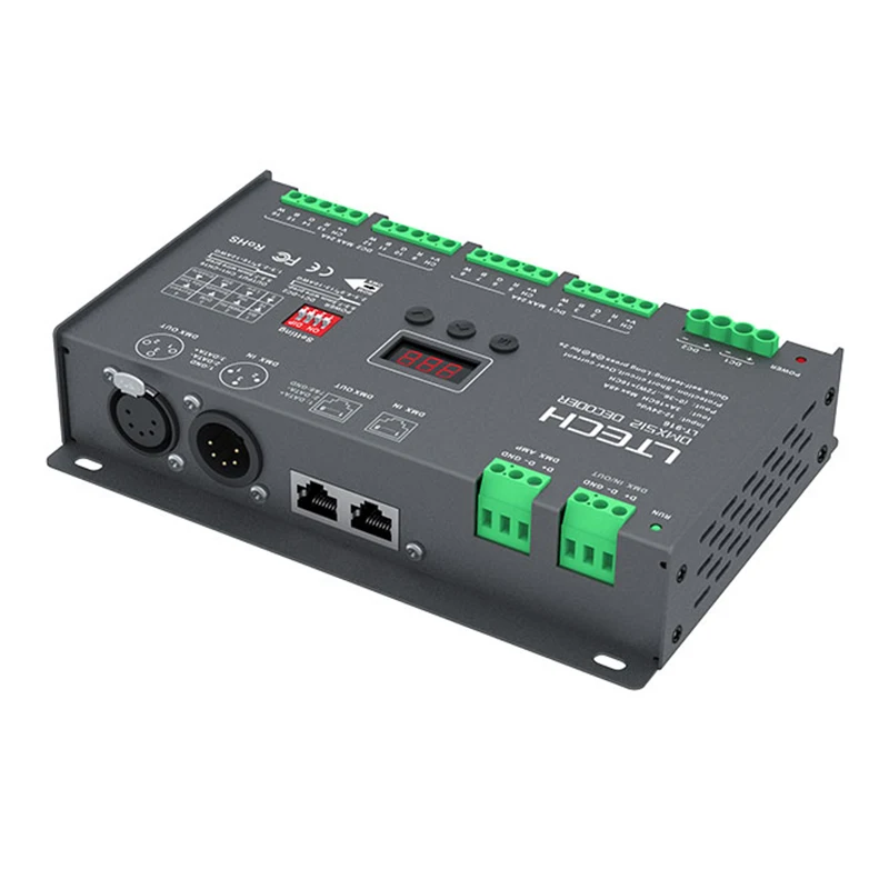 Imagem -02 - Decodificador do Ltech-led Dmx Indicação Digital Porto Terminal Verde Escravo de Dmx 16 Canais Saída Oled Xlr5 Rj45 cc 12v24v 3a x 16 ch