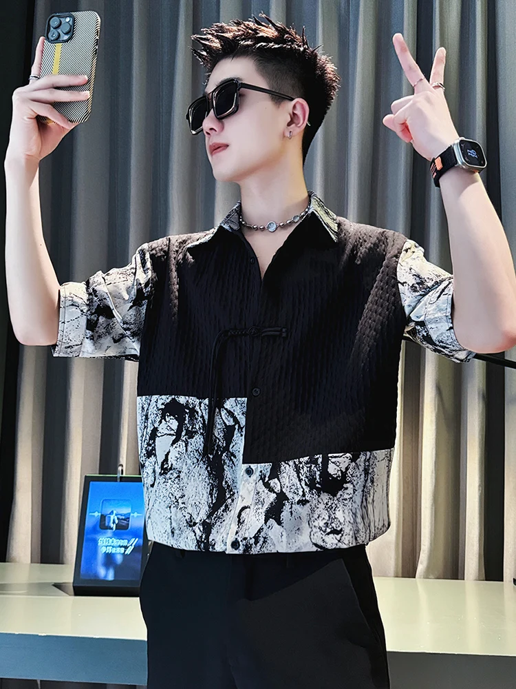 

Ice Silk Men's Casual Shirt Short Sleeve Tie Dye Splice Summer Top Fashionable Loose Fit Youthful Style No Ironing Required