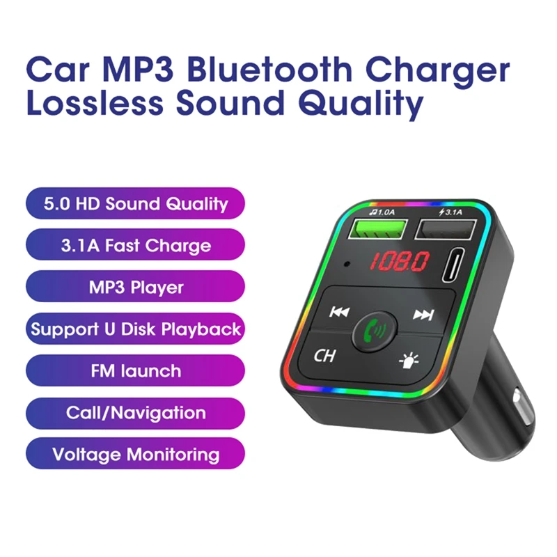 BNVN-Bluetooth 5.0 FM Transmitter Car Receiver Hands-Free Mobile Phone Navigation Call Dual USB Fast Charging