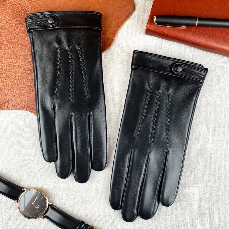 High Quality Genuine Sheepskin Leather Men Gloves Autumn Winter Windproof Warm Touch Screen Business Full Finger Gloves