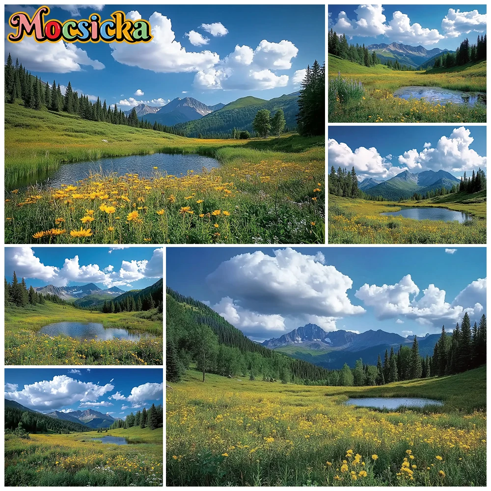 Mocsicka Alpine Mountain Lake Wild Yellow Flowers Meadow Nature Photography Backdrop Sky Cloud Forest Landscape Photo Background