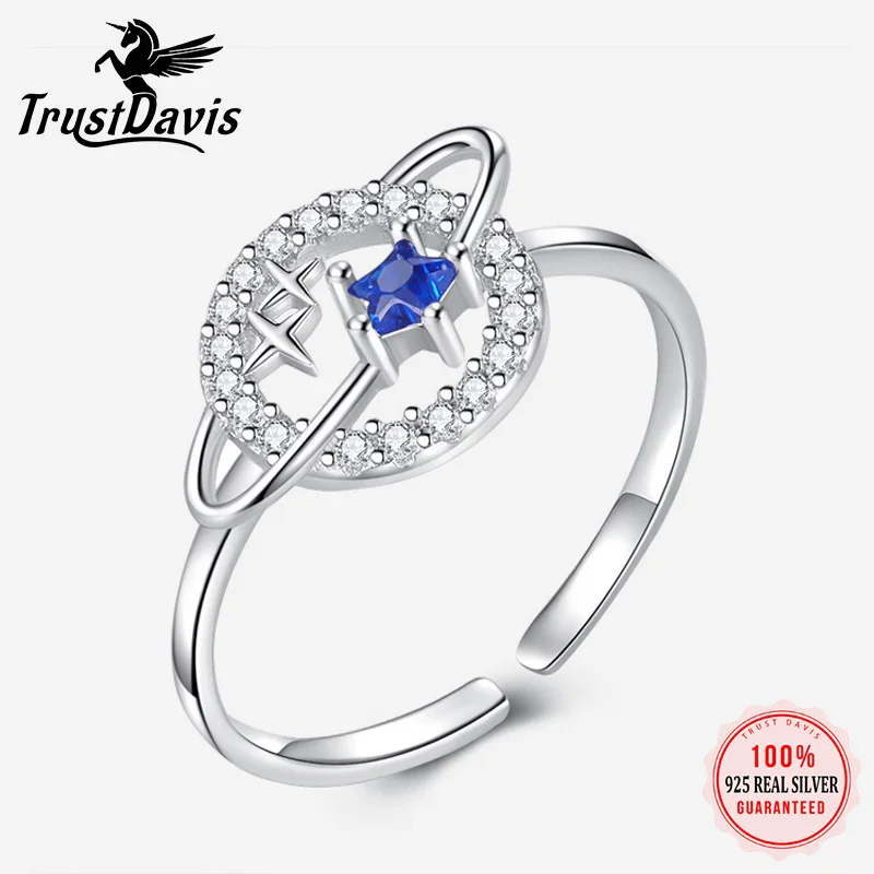 TrustDavis Real 925 Sterling Silver Fashion Sweet Star Zircon Opening Ring for Women Wedding Party Fine Jewelry DS3515