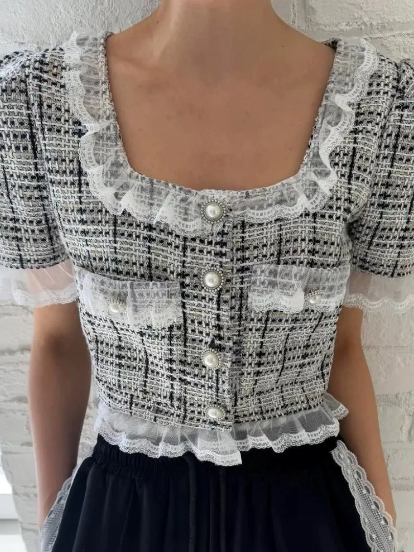 Or renda aparada gola quadrada retalhos design feminino jaet coreano sle retro bicolor sensação verão nova chegada