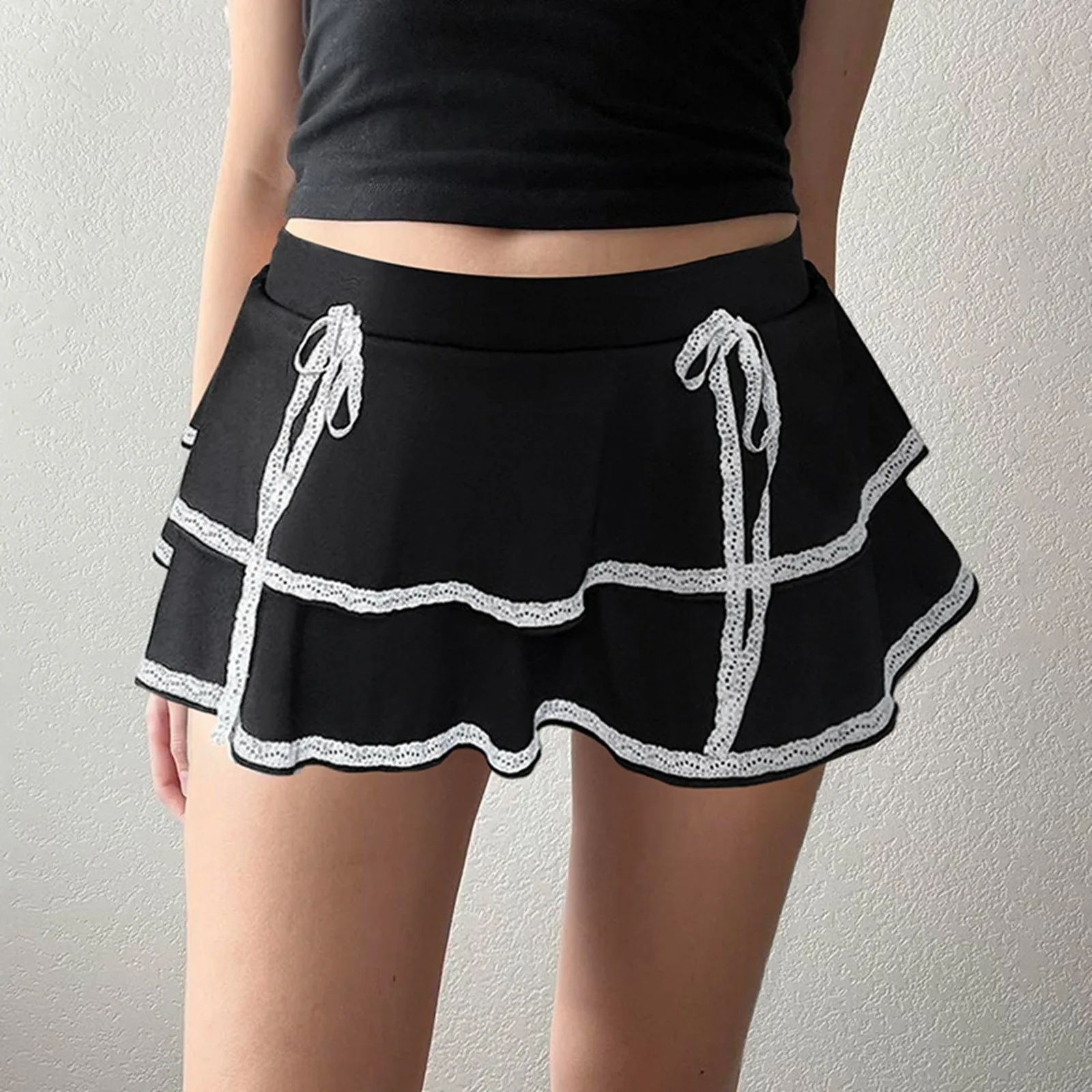 

Goth Gothic Lace Ruffle Mini Skirts Womens Harajuku Fairy Darkness Sweet Plaid Pleated Skirt Japanese Lolita Y2K Streetwear