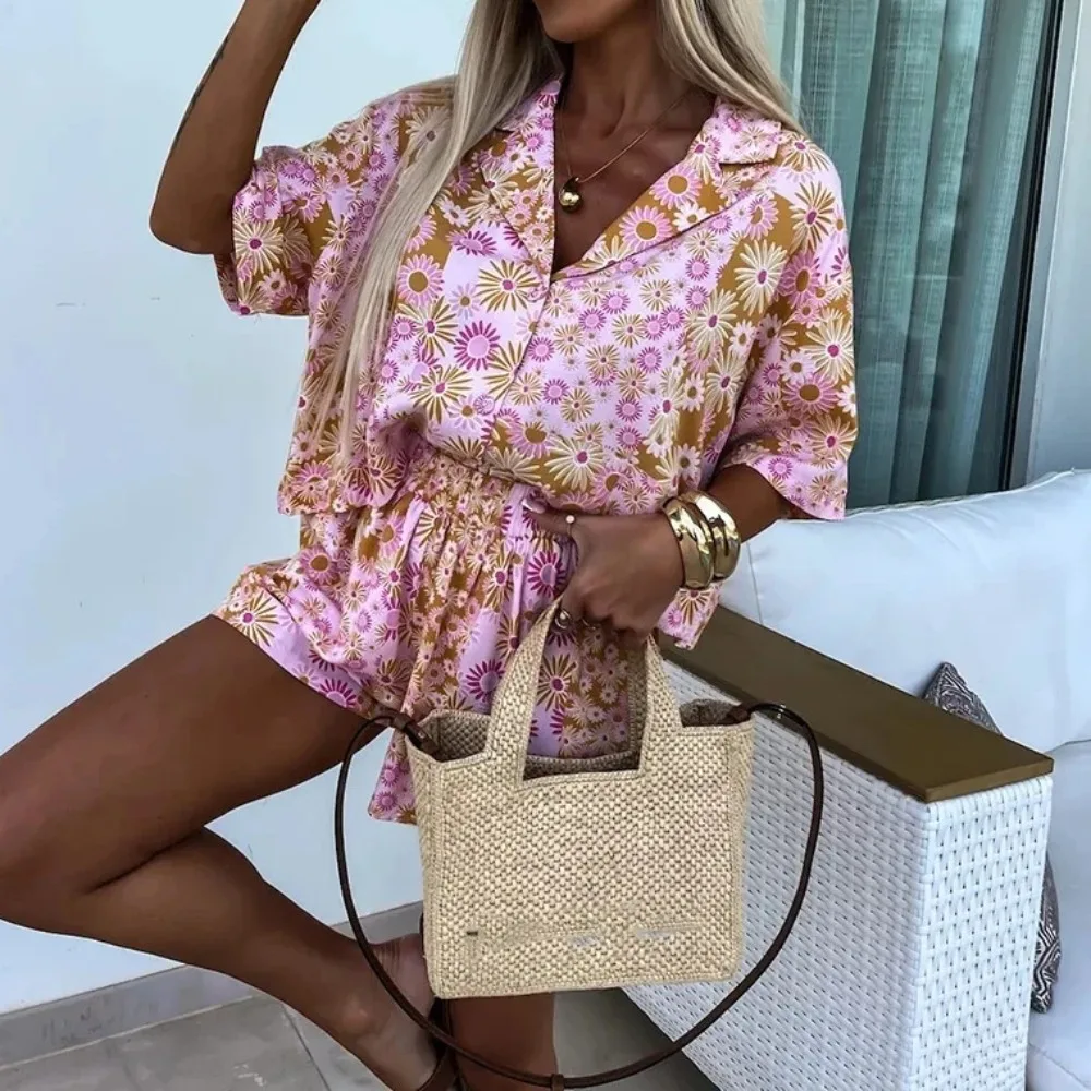 

Elegant Pattern Print Shirt Outfits Fashion Lapel Button Tops and Shorts Pant Suit Women Casual Short Sleeve Party Loose 2Pc Set