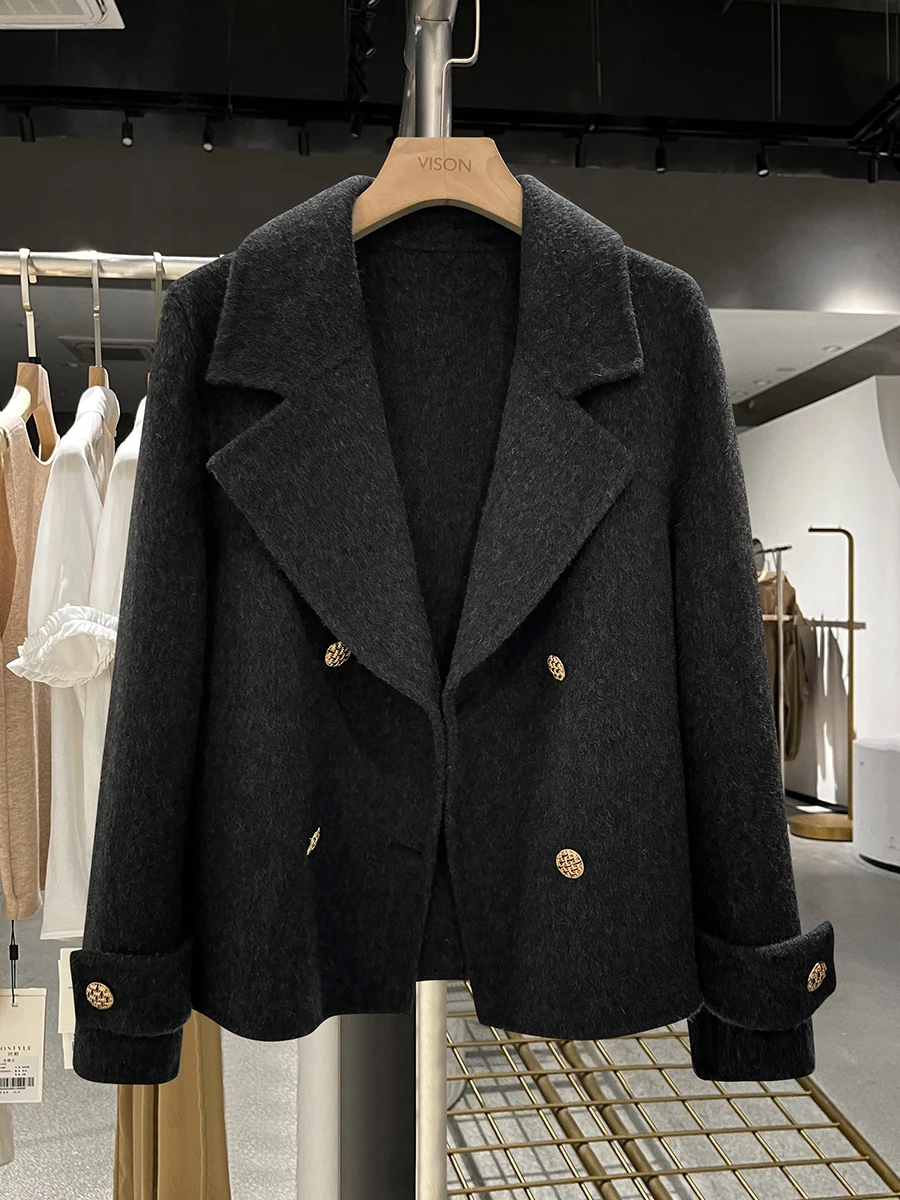 

Deep ey ort Woolen Coat Women's Autumn Winter Double Breasted Button Design Faionable Briti Sle Knitwear Jaet