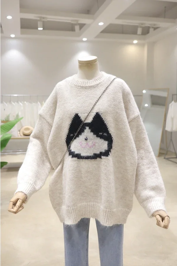 Comfortable Thick Cartoon Jacquard 2023 Autumn And Winter Loose All-Matching Thickened O-Neck Pullover Long Sleeve Sweater Women