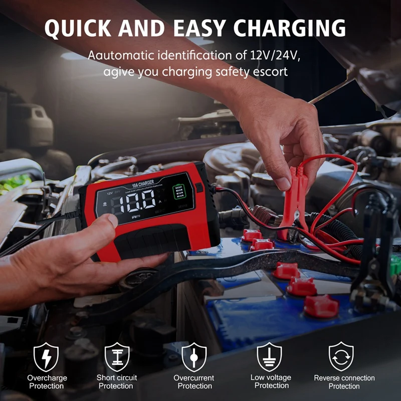 10A Automatic Charging for Lithium LiFePO4 GEL Lead-Acid Batteries 12V 24V Motorcycle Charger Car Battery Charger(EU)-ABFB