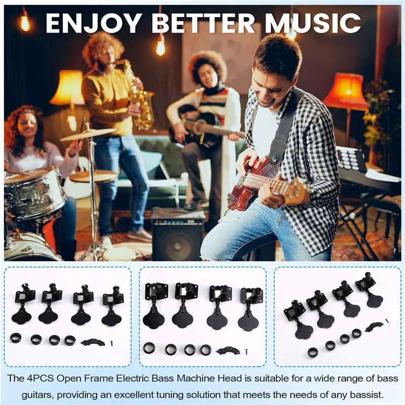 

TURE 4PCS Open Frame Electric Bass Machine Head (4 Right Handed) 1:20 Ratio Gear Tuners Tuning Key Pegs Black