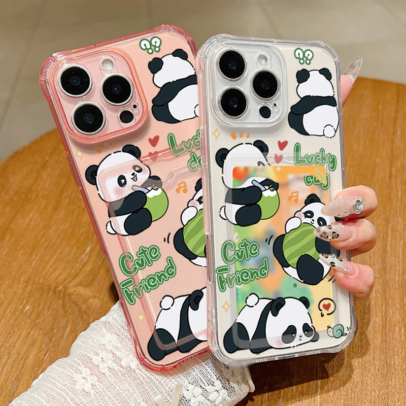 Case For iPhone 16 Pro Max Luxury Card Slot Back Sitted Baby Panda Clear Soft Silicone Cover For iPhone 11 12 13 14 15 Pro Max