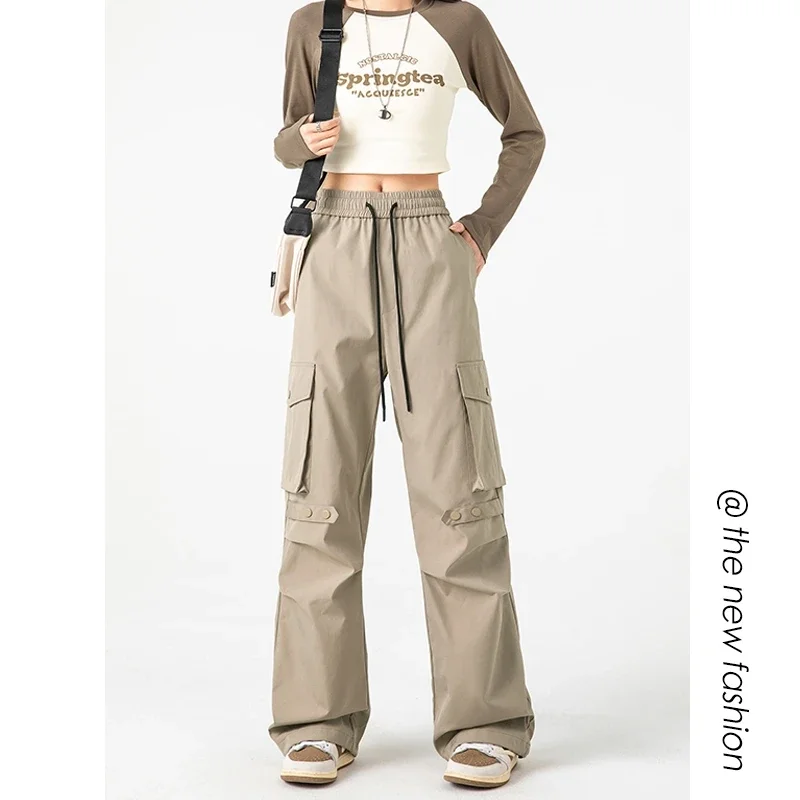 일본 레트로 여성 Y2K 카고 바지 캐주얼 헐렁한 스웨트 팬츠 Kpop 넓은 다리 Drawstring 방수 특대 여성 주머니 조깅