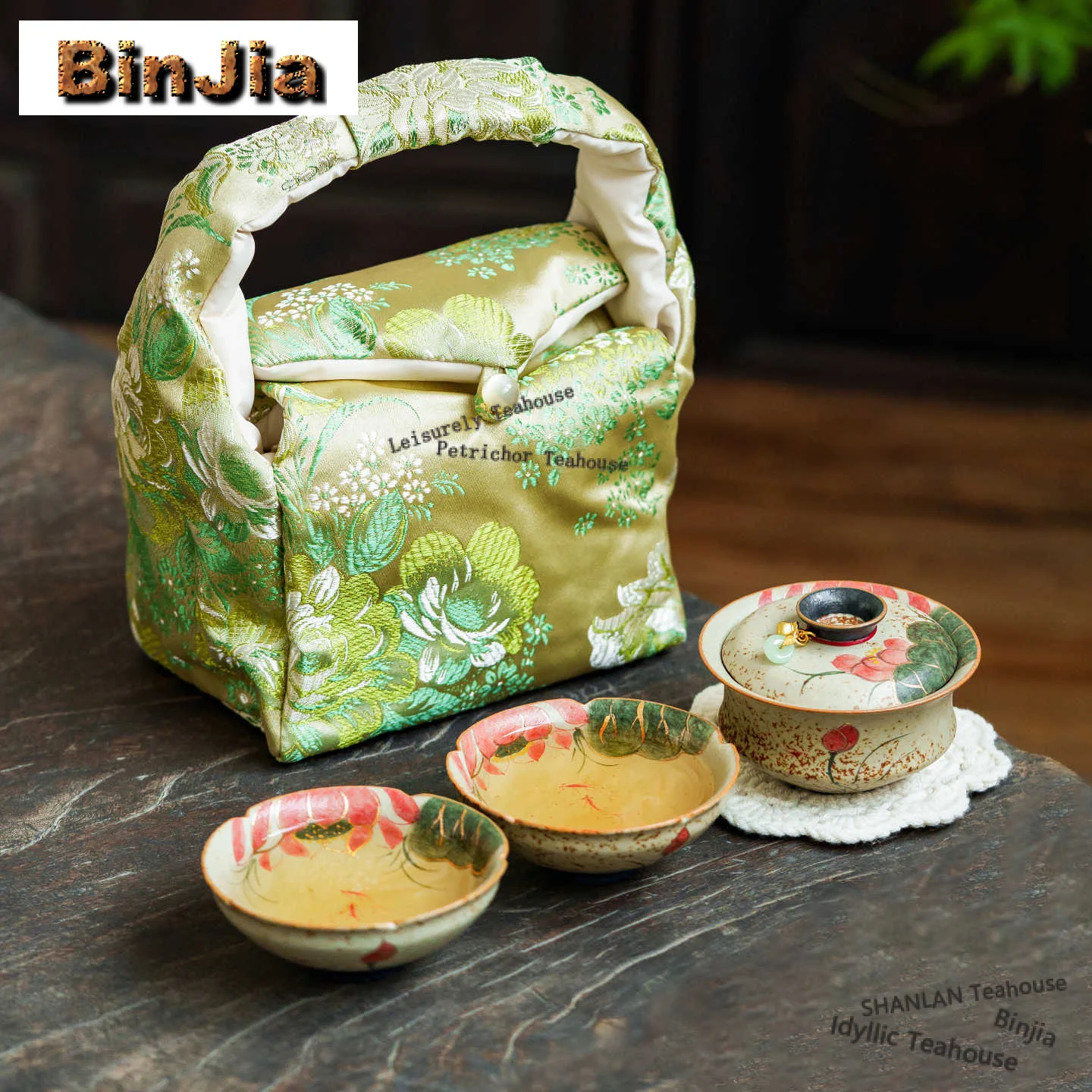 Hand-painted Koi Playing With Lotus Travel Tea Set Kit Aesthetic 1 Bowl 2 Cups Tea Maker Organizer Portable Camping Stock Bags