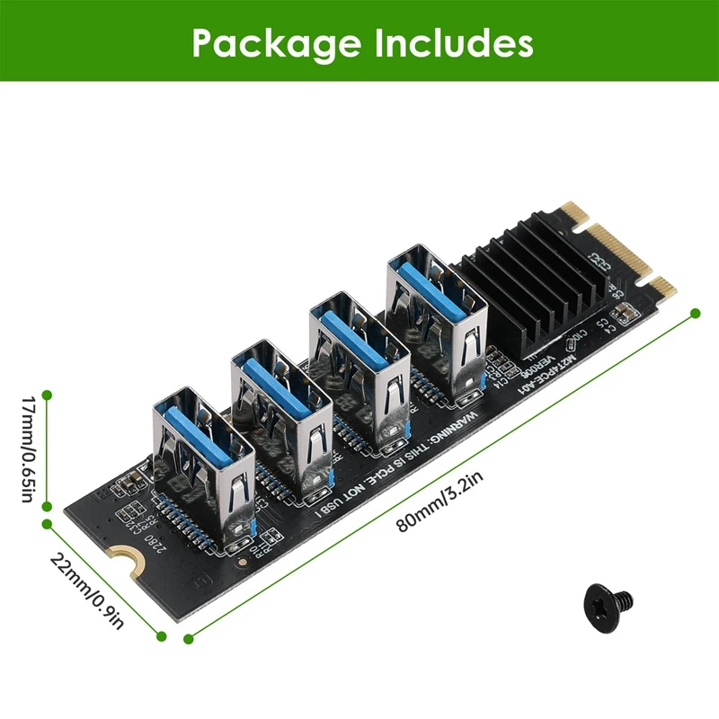 M.2 Nvme To 4 USB PCIE Riser Adapter, M2 M-Key To PCIE 1X USB 3.0 Converter Card W/ Heatsink For Bitcoin Miner Mining