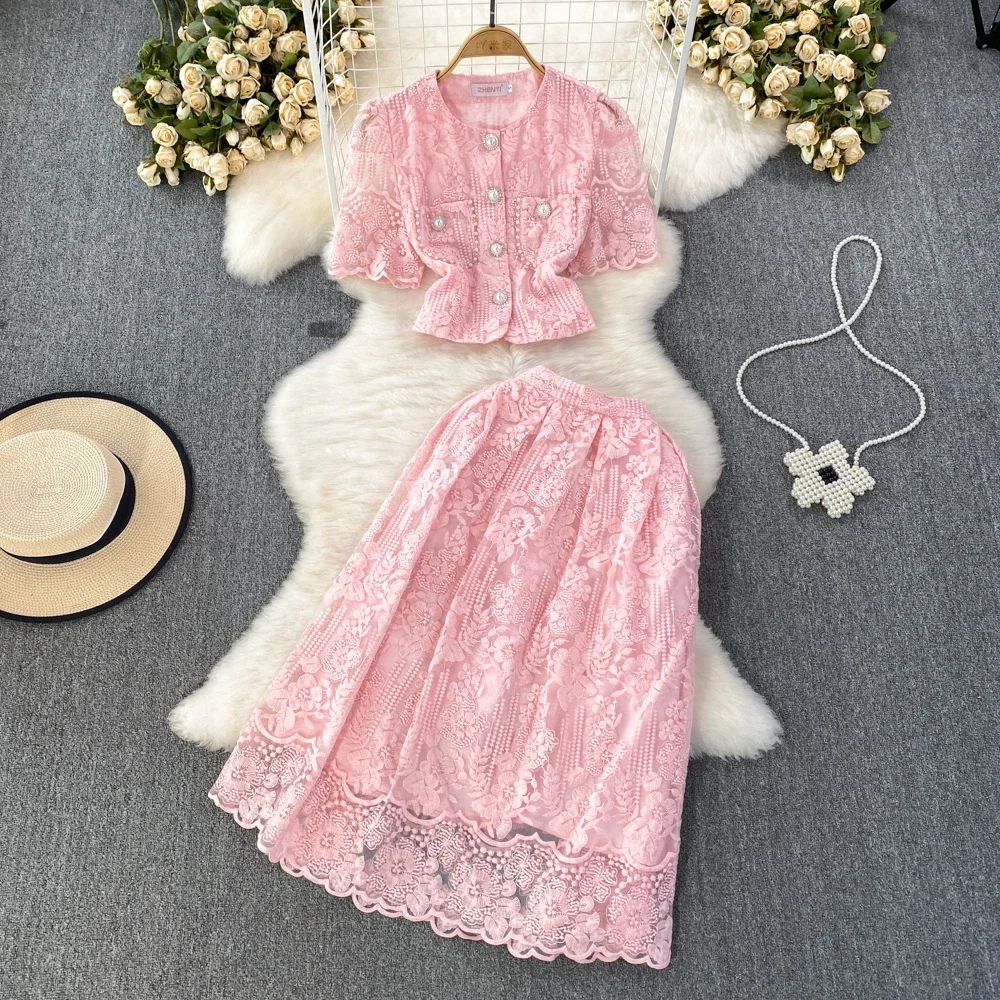 Korean Fashion Sweet Lace Set Two Piece Skirt Suits Lace Embroidery Flower Short Sleeve Shirt Tops Midi Skirt Women\'s Outfits