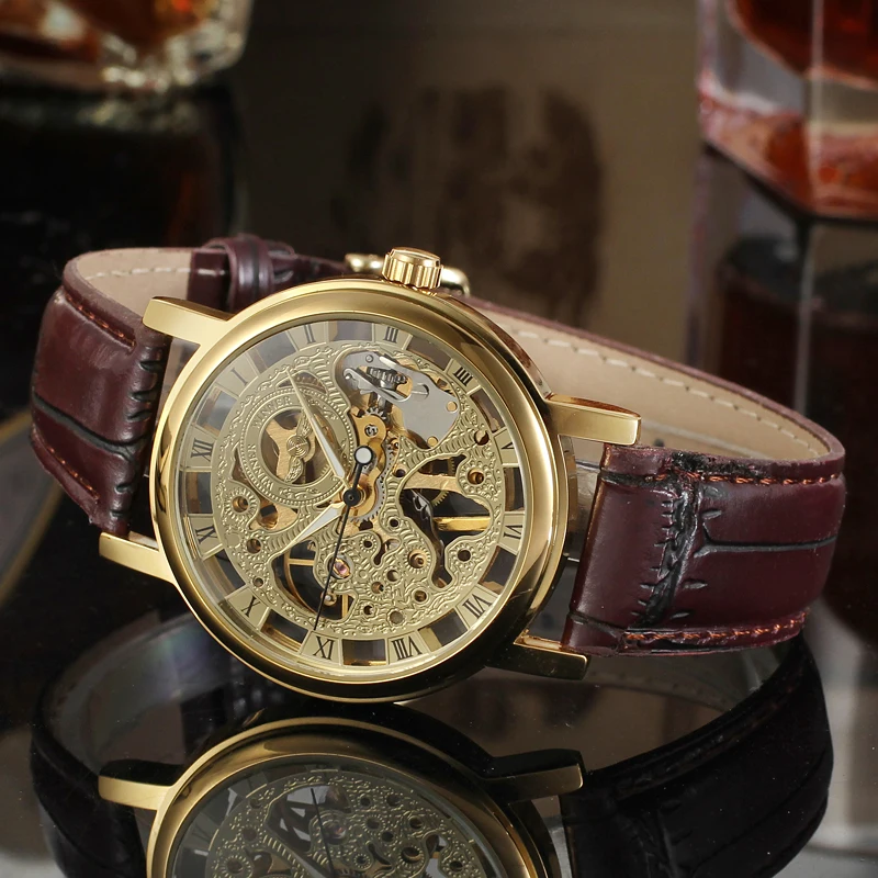 Transparent Golden Case Luxury Casual Design Brown Leather Strap Mens Watches Top Brand Mechanical Hand Wind Skeleton Watch