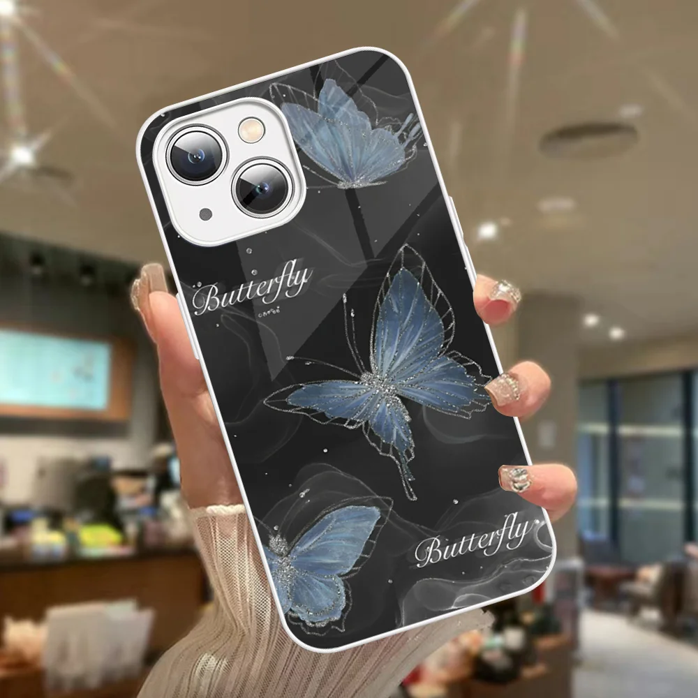 INS Cartoon Butterfly Minimalism Phone Case Tempered Glass For Iphone 14 13 12 11 Pro Mini XS MAX 14Plus X XS XR Fundas