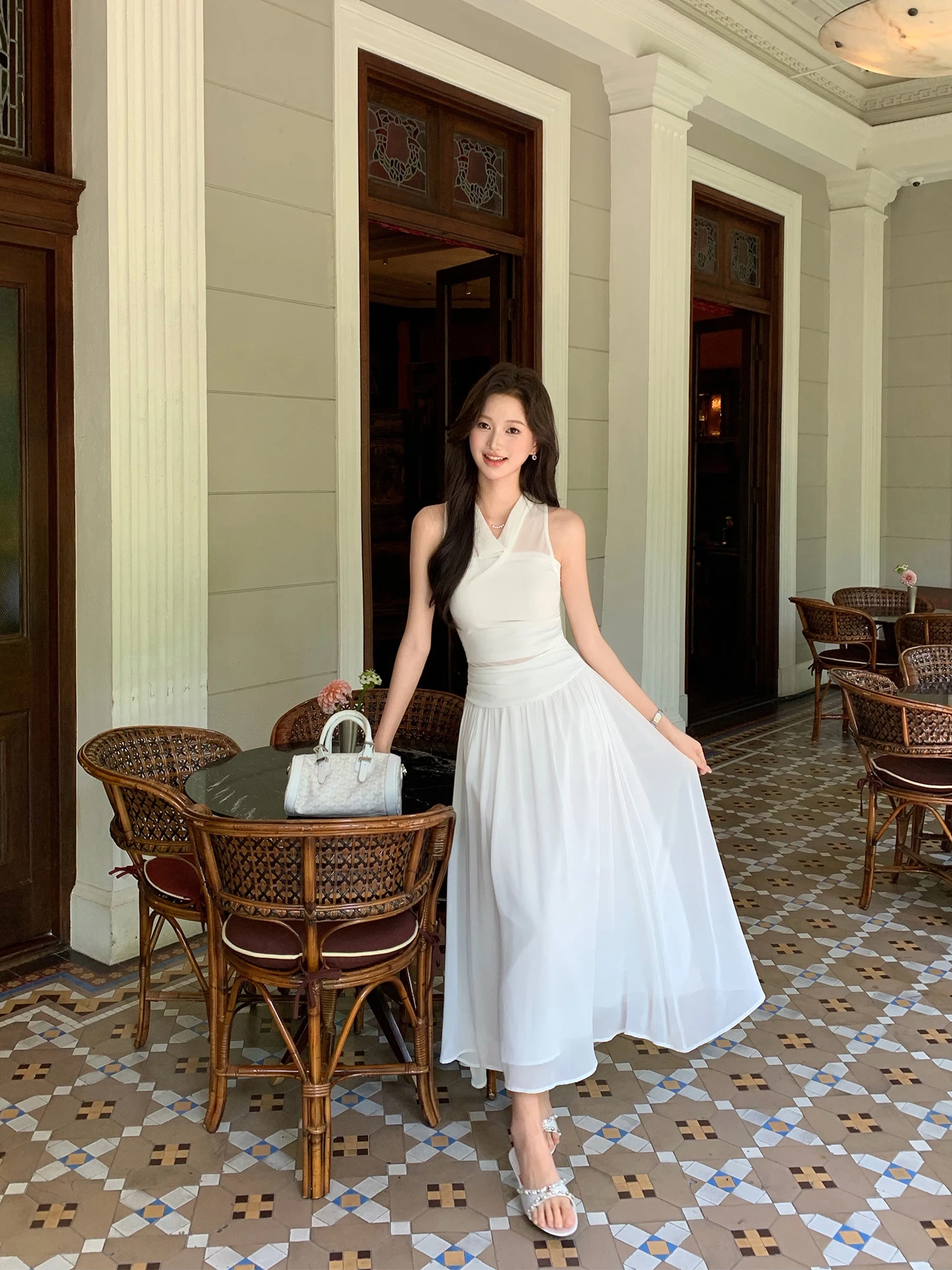 Pusumede Watercolor Sunset Design Sensual Sleeveless Women's Dress Gathered Waist Translucent Long Gown Casual Style Polyeste...