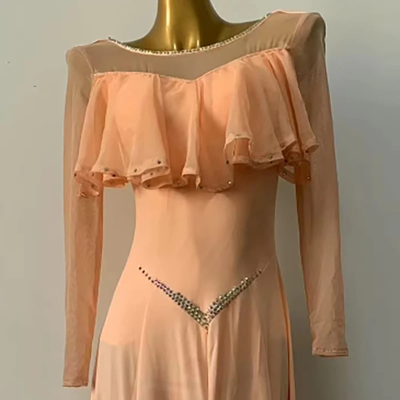 Vêtements de concours de danse latine pour femmes, haut de gamme, personnalisé, maille Simple, manches longues, grande jupe, Performance Samba, robe à strass