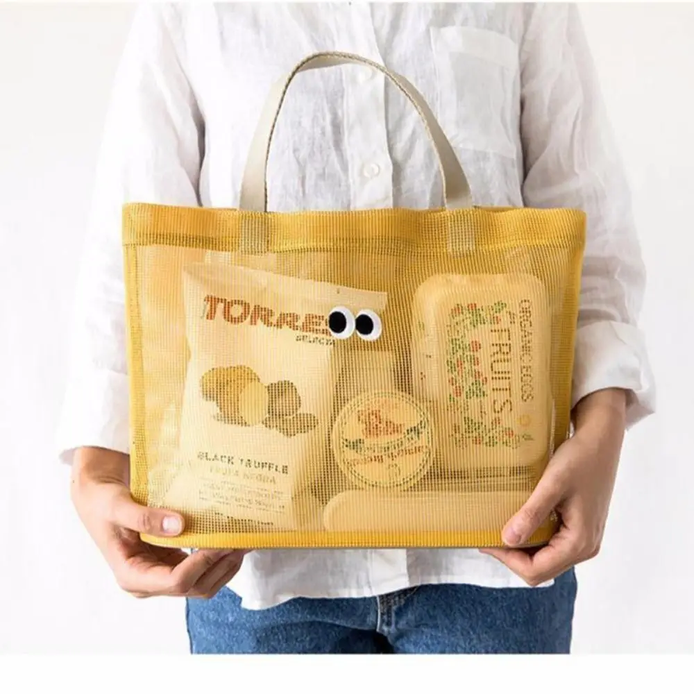 

Large Capacity Big Eyes Mesh Bag with Handle Foldable Cute Shopping Handbag Breathable Drain Travel Toiletries Organizer