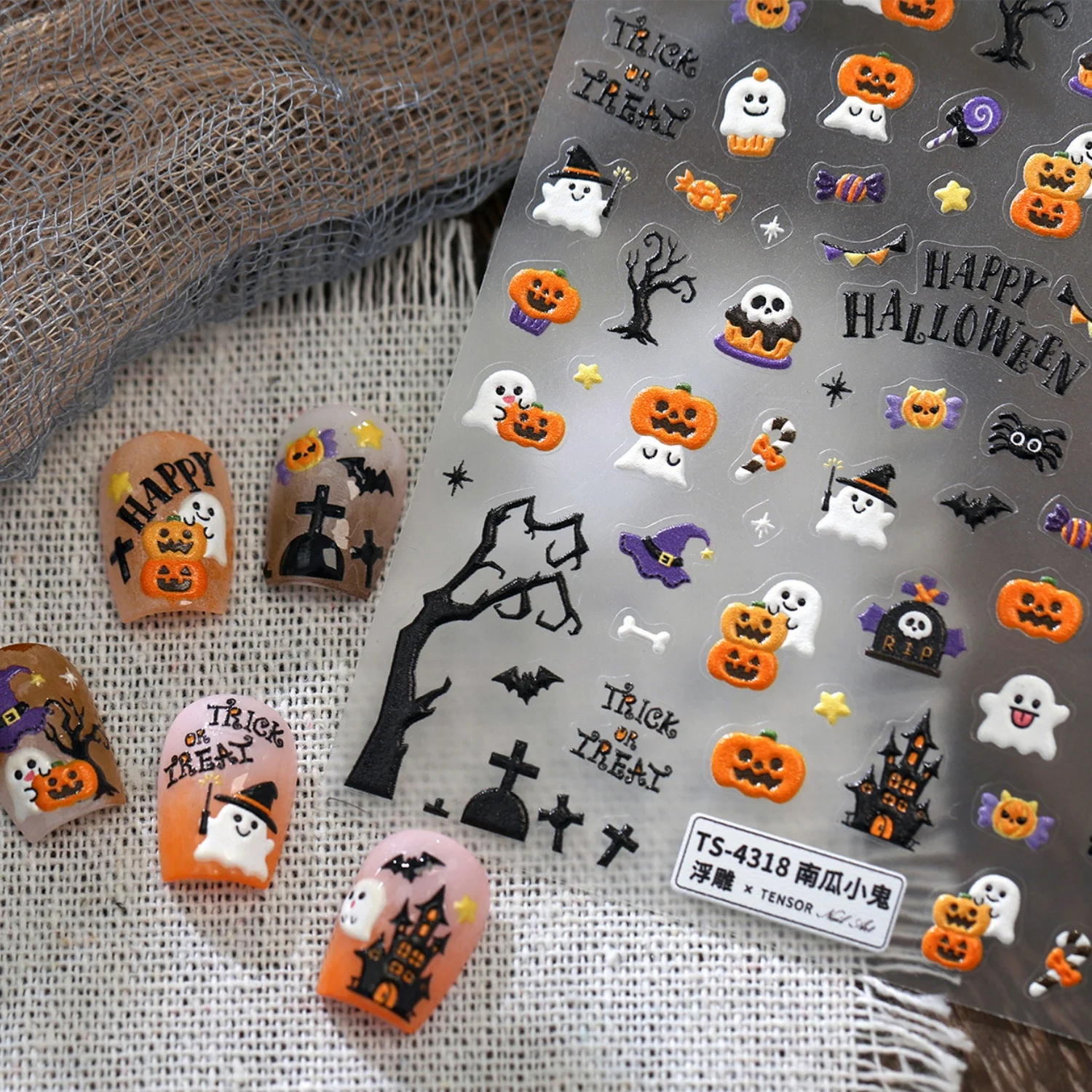 Halloween 5D Nail Stickers Pumpkin Ghost Jack-o-lantern Dark Castle Witch Hat Dead Tree Spider Web TRICK OR TREAT Nail Decals