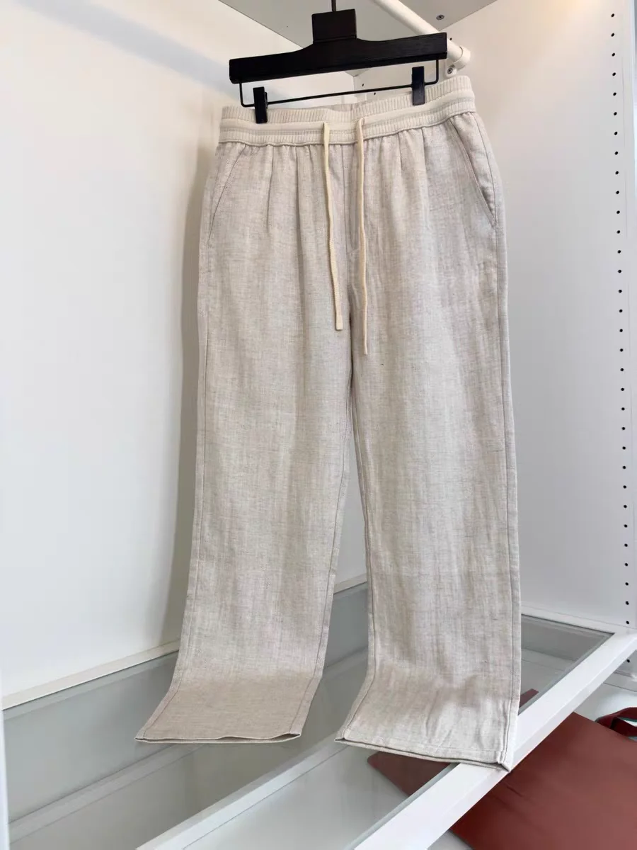 

Italian Sle Men's Summer Casual Pants Linen Elastic Waist Straight Leg Cotton 00% Faion Urban Straight Tube Trousers