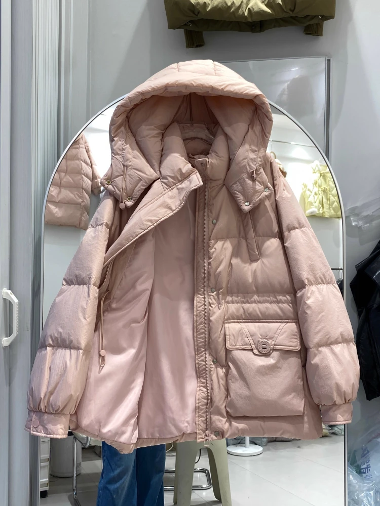Chaqueta acolchada corta para mujer, abrigo informal holgado de talla grande para otoño e invierno, prendas de vestir cálidas y gruesas con capucha, abrigo de plumón de pato blanco, novedad de 2025