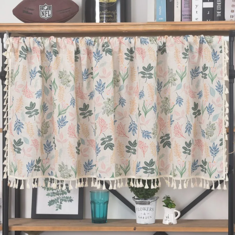 

Window Valance Colorful Leaves Print Linen Rustic Short Kitchen Curtain with Tassel Japanese Style Farmhouse Coffee Curtains