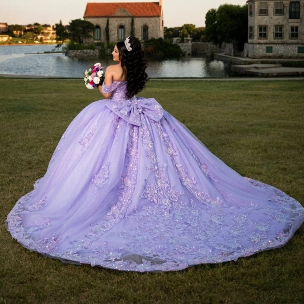 Lilac Charro Quinceanera Dresses Ball Gown Off The Shoulder Appliques Bow Mexican Sweet 16 Dresses 15 Anos Customized