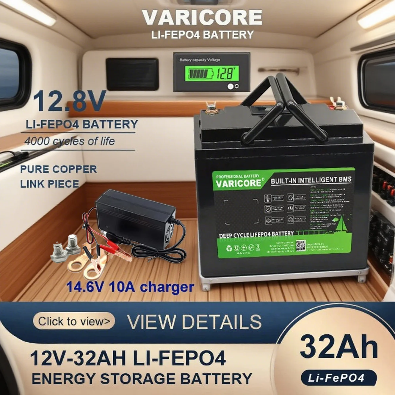 

VariCore 12,8 В 32 Ач LiFePO4 аккумулятор 12 В 256 Вт с 50 А BMS литий-железо-фосфатный аккумулятор для гольф-кара, солнечное зарядное устройство 110 В/220 В 14,6 В