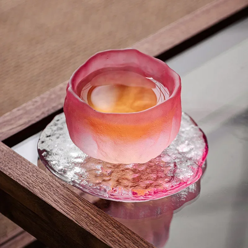 Japanese Pink Teacup for Women Crystal Sake Cup Colored Glaze Small Kungfu Flower Tea Cup Coaster Color Enamel Sakura Cup