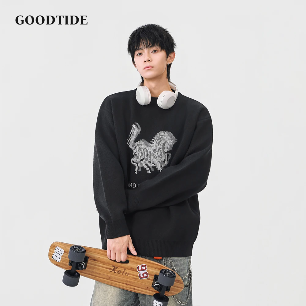 Fashion Men's Casual Crew Neck Sweater 2025 Winter New Horse Pattern Print Knitted Pullover Soft Long Sleeve Jumper Top