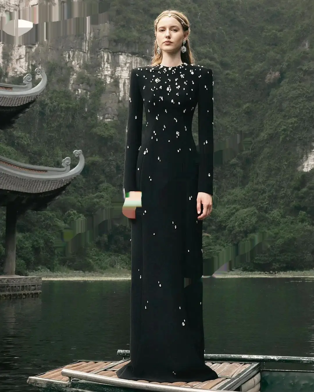 Dora Dress Black Long Sleeves Prom Dresses Beadings crystal Elegant Women Evening Dresses Formal Party Gown