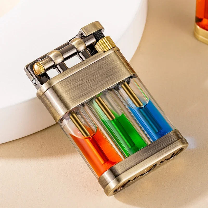 Metal Exquisite Personalized Three Color Transparent Oil Bin Kerosene Open Fire Lighter Retro Grinding Wheel Gift Lighter