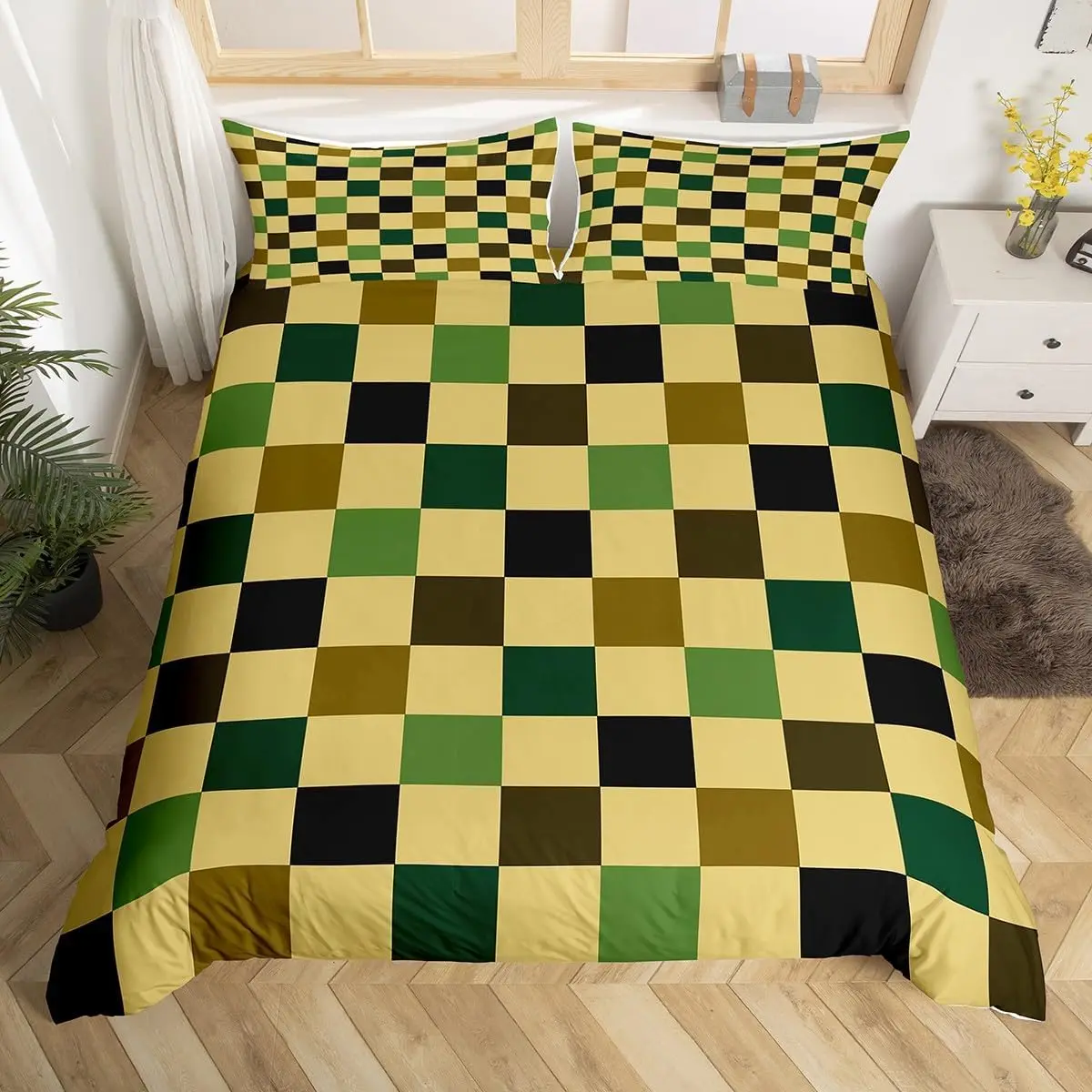 Geometric Gingham Duvet Cover, Plaid Buffalo Checkered Farmhouse Bedding Set Twin King Microfiber Quilt Cover with 2 Pillowcase