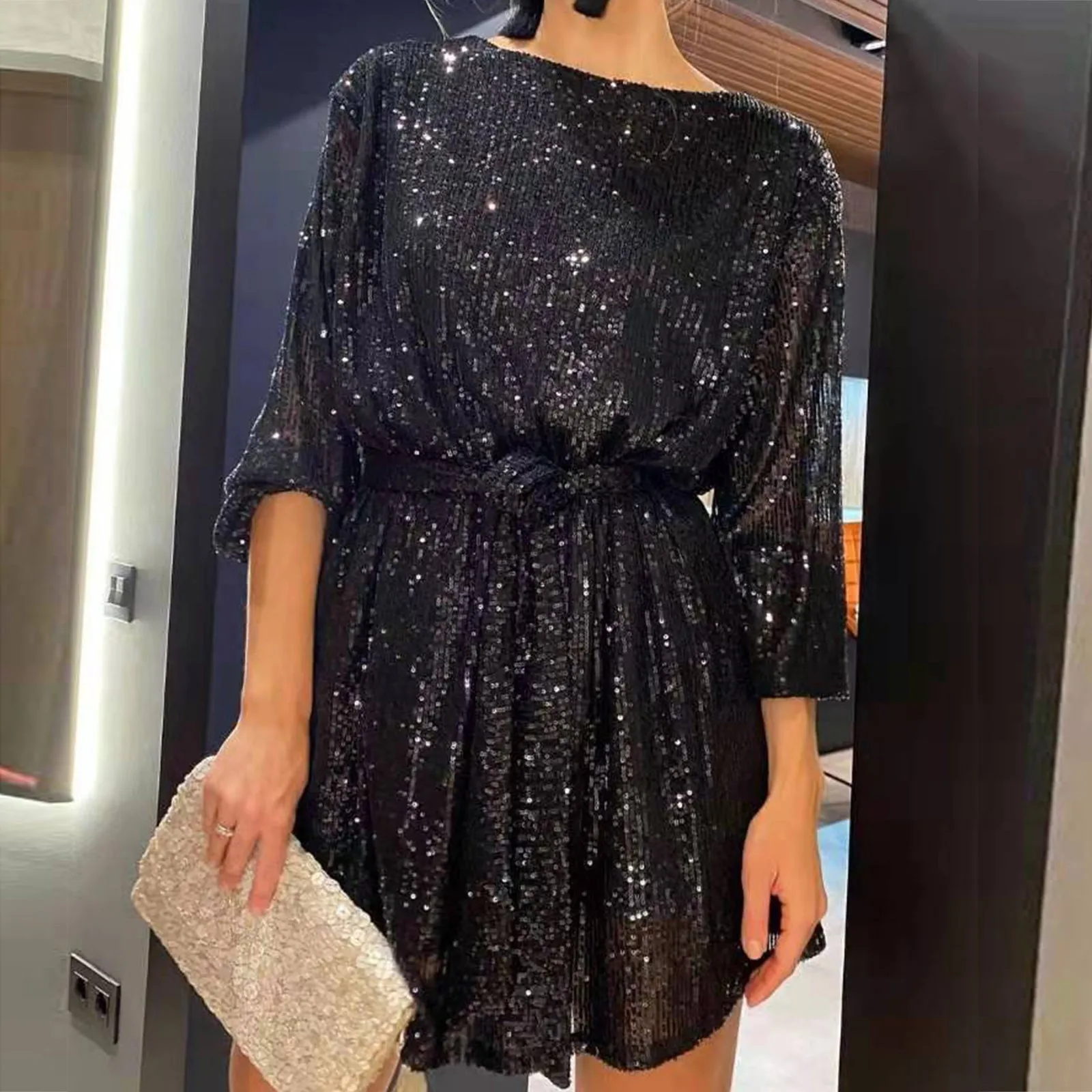 

Sexy Fashion Sequin Dress Spring New Women'S Long Sleeve Loose Wedding Party Mini Dress Unique Elegant Evening Dress Vestidos