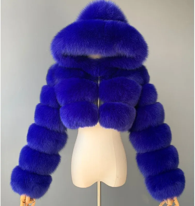 VOLALO-Manteau à Capuche en Fausse Fourrure pour Femme, Veste Courte en Peluche, Pardessus Élégant, Chaud, Bleu, Hiver, 8XL, Mode, 2024