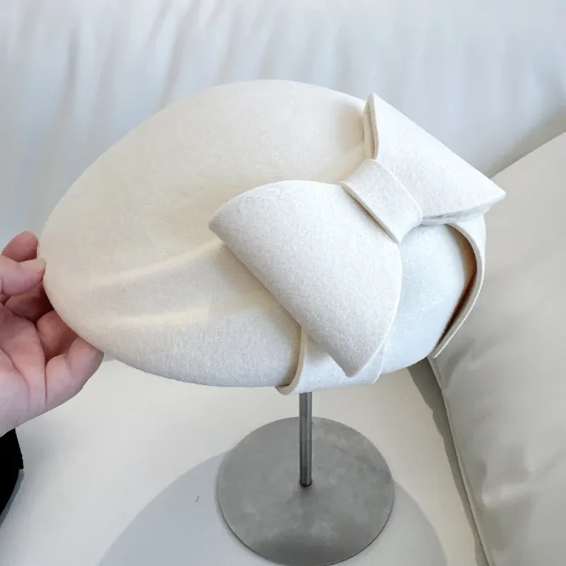USPOP Elegant Stereotyped Bow Beret French Retro Big Bow Beret Hat for Women Autumn Winter Woolen Hat