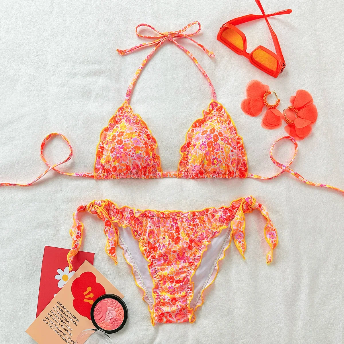 

Women Thong Bikini Set Side Lace-up Sexy Swimsuit Bandage Neck Tie Swimwear Adjustable Floral Bikini Underwear Chic
