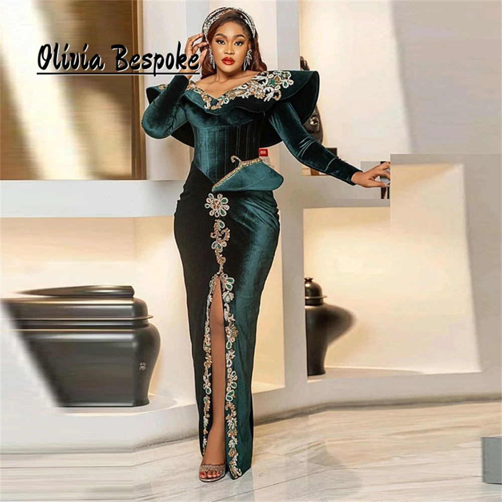 

Fancy Dark Green Evening Dresses 2025 Aso Ebi Beads Lace Appliques Long Sleeves Prom Gowns African Women Front Slit Customized