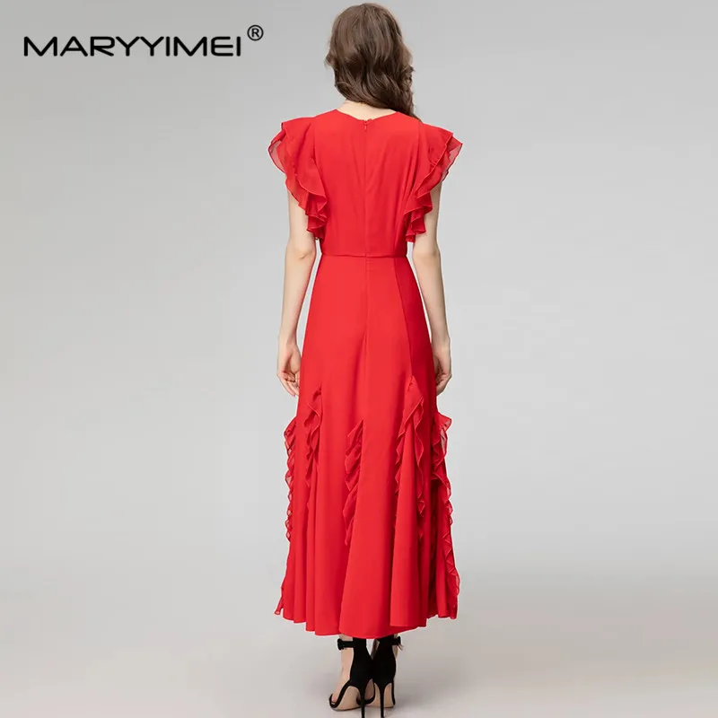 MARYYIMEI Fashion Summer Women's dress V-neck Butterfly Sleeve Slim High Waist Ruffles Red Party Elegant Holiday Dresses