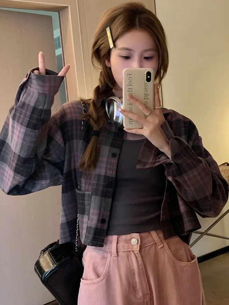 Plaid Shirts Women Slit Casual Students Korean Style Loose Chic Spring Simple All-match Temperament Crop Tops Long Sleeve Ins